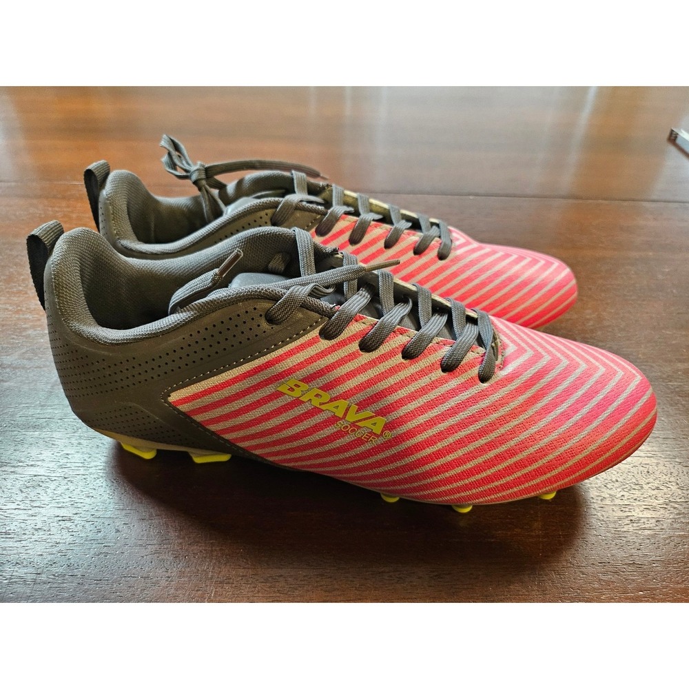 Brava Soccer Cleats Pink Grey Striped Athletic Shoes Neon Yellow Accents 12 D
